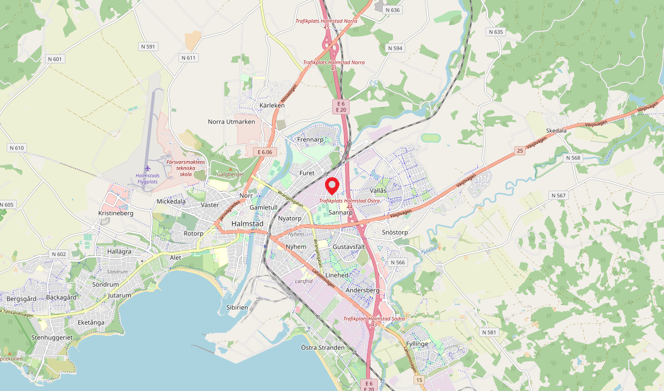 A map of Halmstad, Sweden. Showing where Electron Crosslinking AB head office is located.